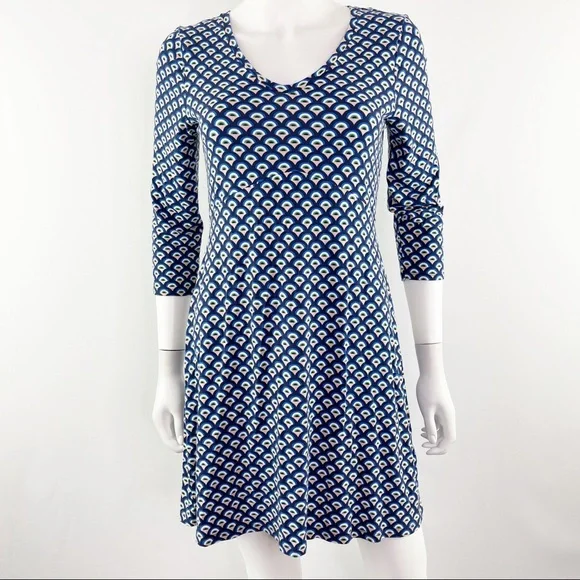 Boden Long Blue Patterned 3/4 Sleeve Short V-Neck Dress Size 6 - Picture 2 of 8